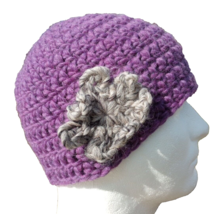 Womens Beanie Cloche Handmade Purple Crochet Hat Gray Brown Flower Pure New Wool - £12.52 GBP