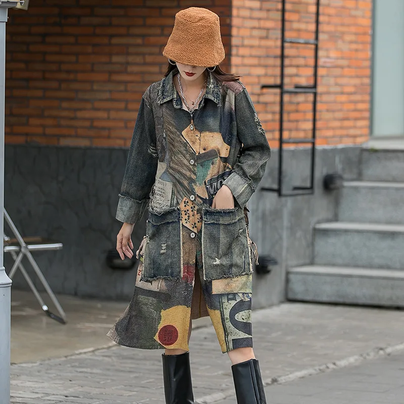 Vintage Design Printed Denim Outwear Women  Thin Long Style Trench Coat Turn Dow - £223.16 GBP