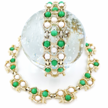 Vintage Marboux Necklace and Bracelet Set Retro Green and Faux Pearl Demi Parure - £119.83 GBP
