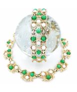 Vintage Marboux Necklace and Bracelet Set Retro Green and Faux Pearl Dem... - $149.00