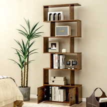 1 PC Bookshelf w/Cabinet 6-Tier S-Shaped Bookcase Storage Rack Rustic Brown - £133.12 GBP