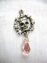 Engraved Srv Love Skull W Stars &amp; Baby Pink Crystal Pewter Pendant Adj Necklace - £26.12 GBP
