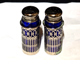 Vintage WILLIAM ADAMS Salt &amp; Pepper Shakers Silver Plate Over Cobalt Blu... - $14.52
