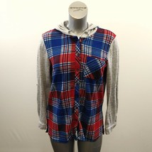 Ardene Button Up Hooded Top Size Large Red Blue Plaid Long Sleeve Polyes... - £9.28 GBP