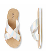 NWT The Childrens Place Girls Metallic Cross Slide White Shimmer Sandals... - €9,54 EUR