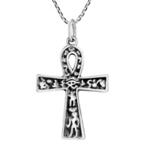 Egyptian Ankh Cross with Hieroglyphics Sterling Silver Pendant Necklace - £15.26 GBP