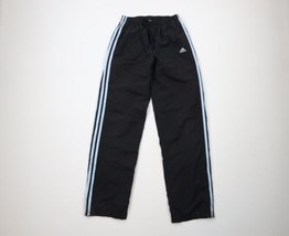 Vintage Adidas Womens Small Spell Out Striped Lined Flared Pants Black Blue - £38.89 GBP