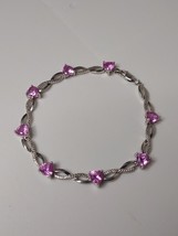 925 Sterling Silver Cute Pink Heart Bracelet 7 5/8 Inches Long - £77.13 GBP
