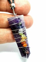 Amethyst Pendant Necklace 7 Chakra Wire Wrapped Gemstone Beaded  Cord Jewellery - £7.00 GBP