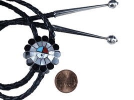 Vintage Zuni Sterling Silver Inlaid Multistone Bolo Tie - £105.51 GBP