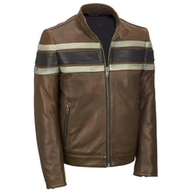 New Men&#39;s Brown Stripped Biker Leather Jacket Scooter Motorcycle fashion Jacket - £127.51 GBP