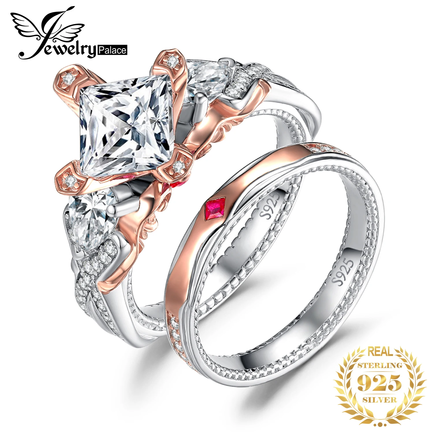 2 Pcs 925 Sterling Silver Engagement Ring for Woman Rose Gold Princess 1.5ct 5A  - £45.32 GBP