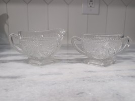 Indiana Glass Co. Sandwich Crystal Creamer &amp; Sugar Set, Footed Glassware... - $14.85