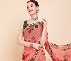 Women Floral Print Saree for women &amp; Girls  Pink Green Pure Georgett Saree India - £38.45 GBP