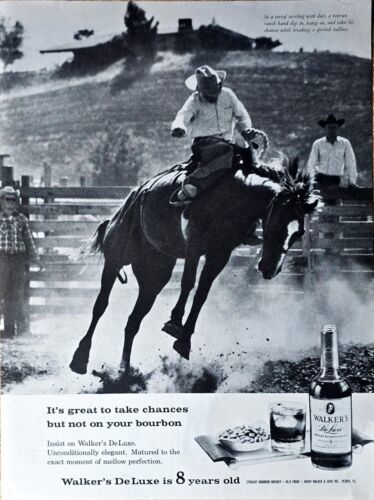 Walker&#39;s De Luxe bourbon 8 year old cowboy western horse 1961 Vintage pr... - $12.23
