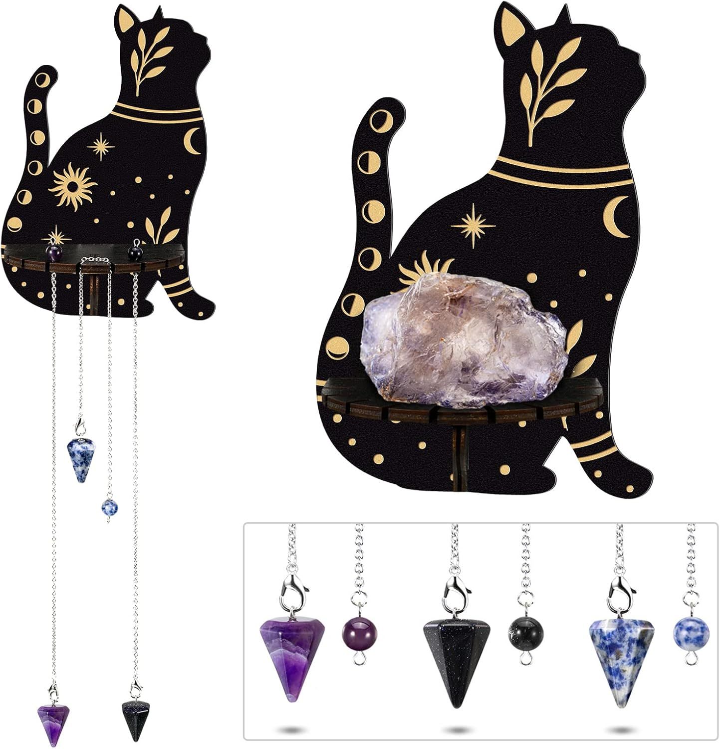Qunclay 10 Inch Wall Shelf Wooden Crystal Cat With 3 Crystal Stones Wall... - $10.31