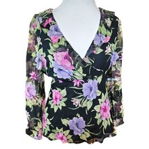 Vintage Y2K Womens Large Black Floral Ruffle Semi-sheer Silk Blouse Long... - £30.62 GBP