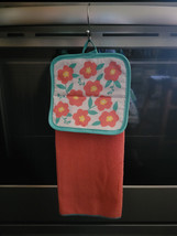Hanging Kitchen Dish Towel w/ Pot Holder Top - Coral Flowers - £5.50 GBP