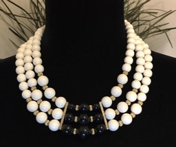 Triple Strand Black, Cream White &amp; Gold Tone Beaded Statement Necklace A... - £12.67 GBP