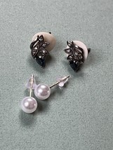 Lot of Faux White Pearl Bead &amp; Dainty 925 Marked Silver Marcasite Leaf &amp; Black - $13.09