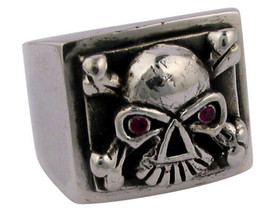 Square Flamin Mad Skull Crossbones Sterling Silver Ring Red CZ Femme Metale - £140.59 GBP