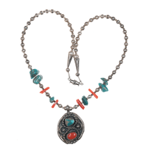 17&quot; Vintage Native American sterling, turquoise, and coral beaded pendant - $143.55