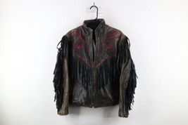 Vtg 90s Streetwear Womens M Distressed Flower Fringed Leather Motorcycle Jacket - £110.33 GBP