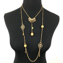 CHICO&#39;S gold-tone layered Y necklace - double-strand boho station bead dangles - £19.98 GBP