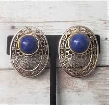Vintage Clip On Earrings Large Ornate Oval with Blue - $11.99