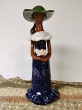 Woman Statue Handmade Clay Baked Pottery Green hat blue dress - £95.90 GBP