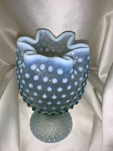 Vintage Duncan Miller Blue Opalescent Footed Hobnail Ivy Rose Bowl Vase - £38.33 GBP