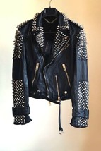 Men SILVER Studded Leather Jacket Biker Belted Front Zipper Design Party Club - £219.29 GBP
