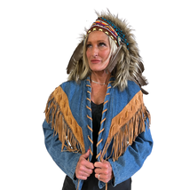 Vintage 80s  Western  Frontier Collection Denim Jacket Leather Fringe XL... - £109.59 GBP