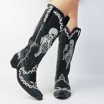 Women Skull Skeleton Selfie Cowboy Western Mid Calf Boots Pointed Toe Slip-On St - £59.69 GBP