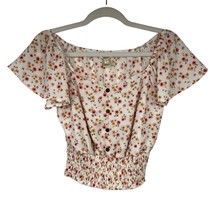 Monteau Floral Crop Top Women Size M Smock Waist Short Flutter Sleeves Scoop - £7.19 GBP