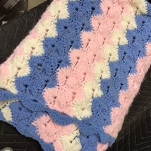 Vintage Baby Afghan Hand Crocheted Blanket Pink Blue Scalloped Thick 33x48” - £15.07 GBP