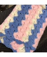 Vintage Baby Afghan Hand Crocheted Blanket Pink Blue Scalloped Thick 33x48” - £14.79 GBP