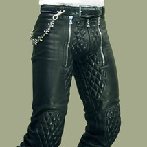 Men&#39;s Real Leather Pant Quilted Jeans Trousers BLUF Pants Bikers Breeches Cuir - £89.92 GBP