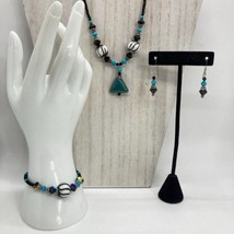 Vintage Sterling Silver Chrysocolla Stone Glass Bead Necklace Bracelet E... - £23.73 GBP