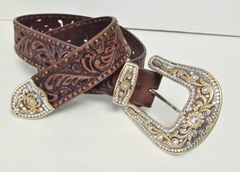 Tony Lama Western Belt LARGE 3.5&quot; Rhinestone Buckle C50768 Tooled Leather 36 - £103.09 GBP