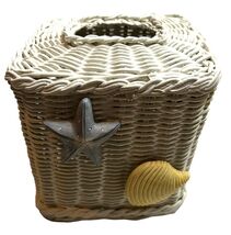 Vintage White Wicker Tissue Box Cover Square Boho Cottage Core Bathroom ... - $18.51