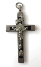 Vintage Pectoral Skull &amp; Crossbones Crucifix 2.25&quot; Cross Silver Ton &amp; Ebony Wood - £31.23 GBP