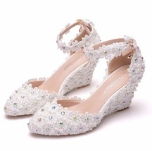 BaoYaFang Round Toe White Flower Womens wedding shoes Bride Wees Ankle Strap Lad - £54.46 GBP