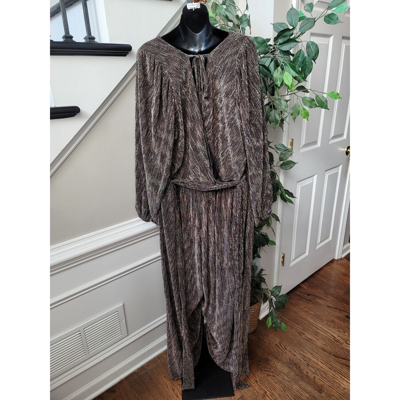 Lane Bryant Jumpsuit Women Size 26/28 Brown Metallic Wide Leg Long Sleeve Belted Item image 8