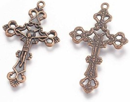 2 Cross Charms Antiqued Copper Religious Pendant Christian Catholic Crucifix - £5.16 GBP