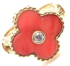 Rare! Authentic Van Cleef &amp; Arpels Alhambra 18k Yellow Gold Coral Diamond Ring - £4,041.25 GBP