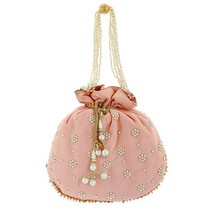 Ambience ethnic Women handbag Potli wristlet with Pearl &amp; embroidery Pink - $22.00