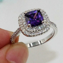 2.50Ct Cushion Cut Simulated Amethyst Halo Engagement Ring 14K White Gold Plated - £46.03 GBP