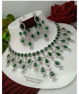 Indian Bollywood Silver Plated Ethnic AD CZ  Green Necklace Bridal Jewel... - $75.99