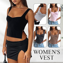Women Sexy Low Cut Pleated Chest Camisole Crop Tank Top Sweetheart Slits Shirt - £9.72 GBP